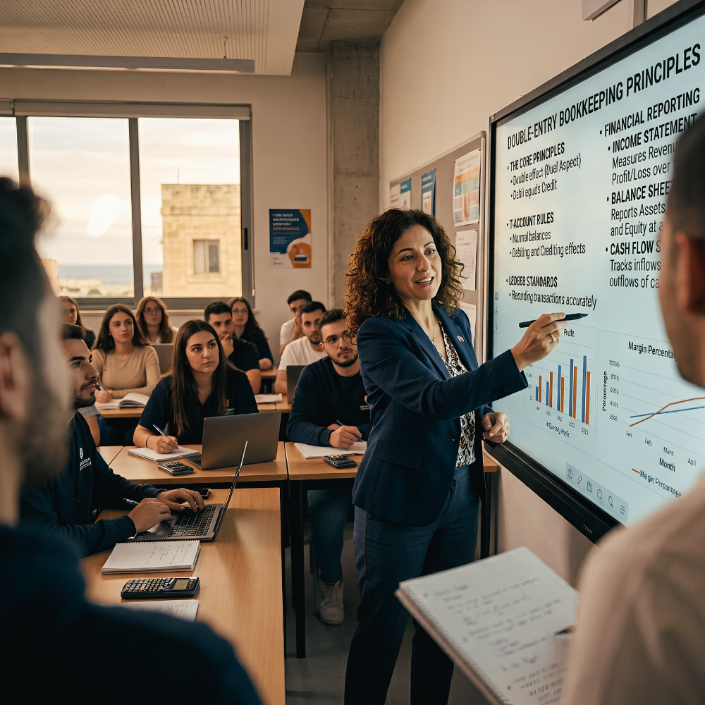 A teacher in a Maltese classroom presenting financial reporting concepts to students
