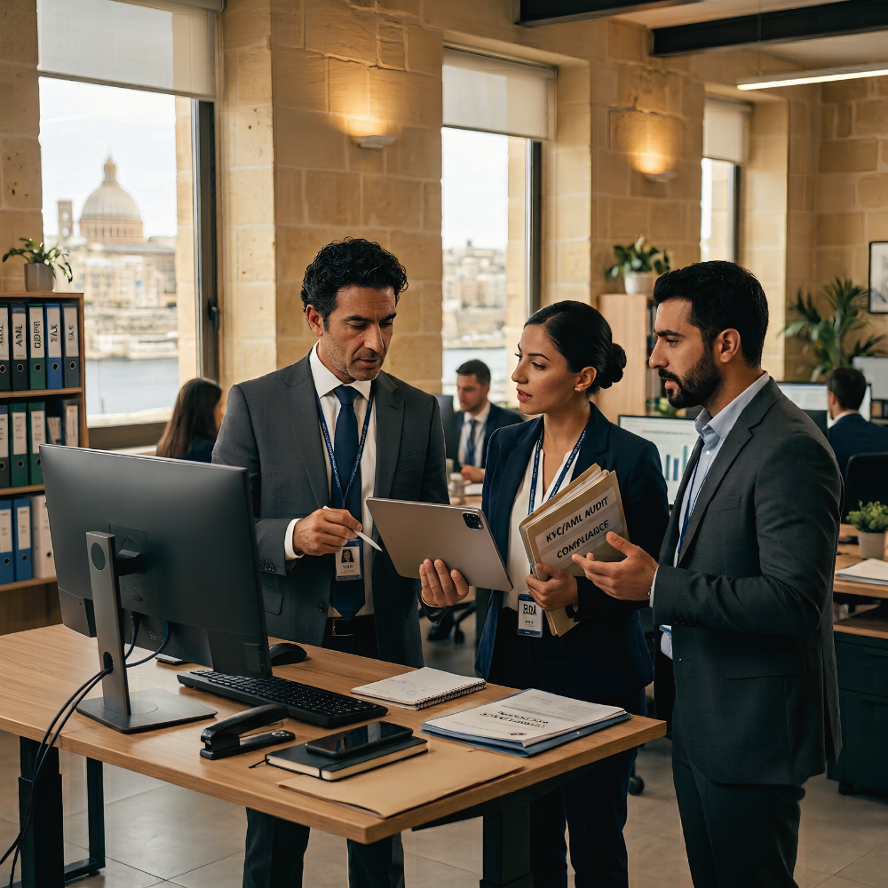 Compliance officers at a Maltese financial firm reviewing KYC and AML documents