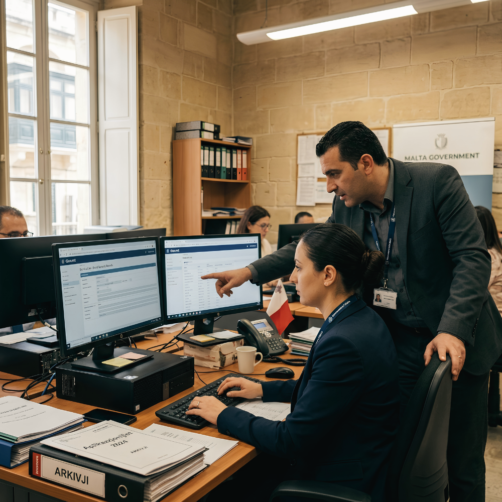 Government office staff in Malta reviewing a digital case management system together