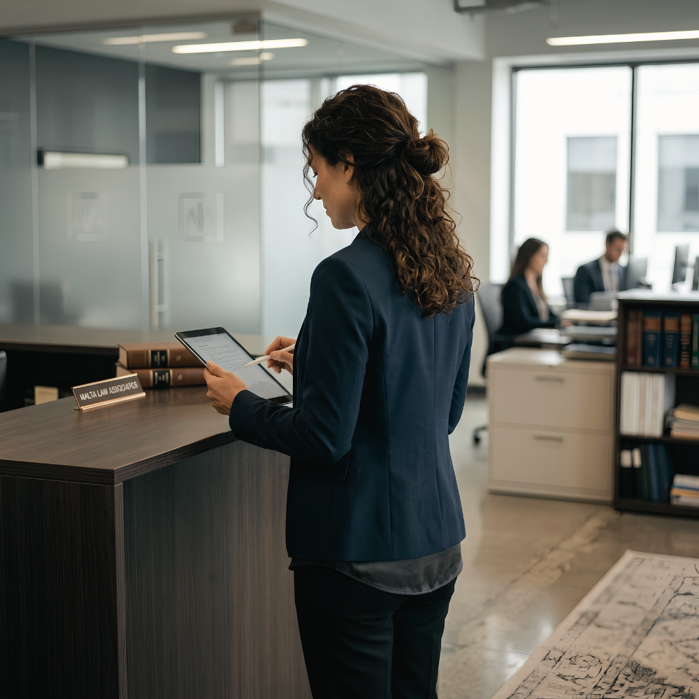 A lawyer at a Maltese law firm reviewing documents on a tablet at reception